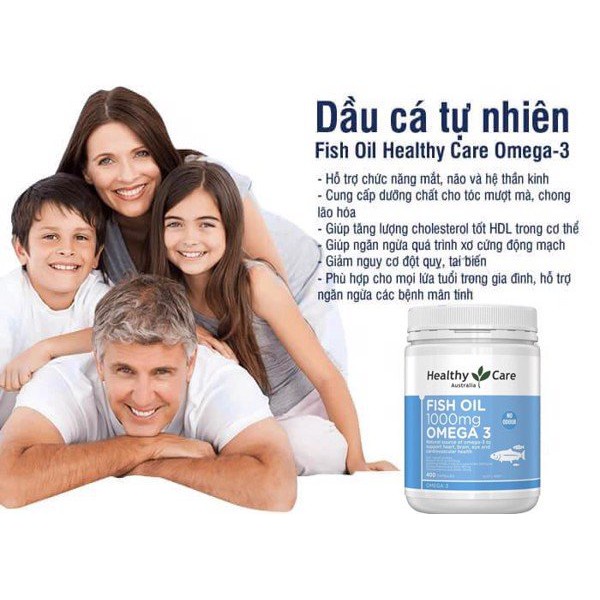 Dầu cá tự nhiên Fish Oil 1000mg Omega 3 Healthy Care, 400 viên - Mẫu mới