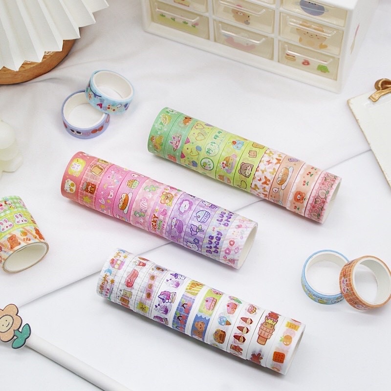 | Lẻ 1c Ngẫu Nhiên| Washi Tape Hình Gấu Thỏ Cô Bé Dễ Thương, chiết từ hộp 60 washi Corgi Town