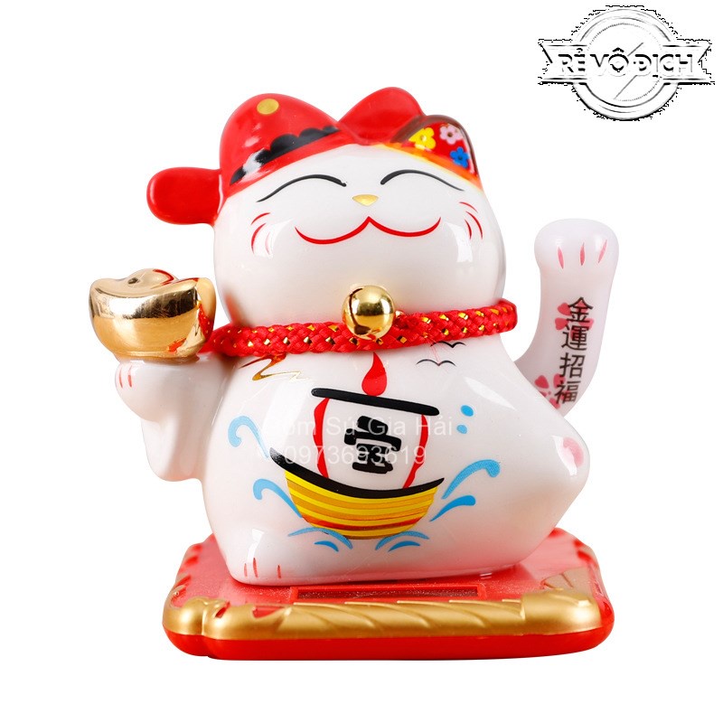 Mèo thần tài, mèo may mắn Maneki Neko vẫy tay năng lượng mặt trời 10cm-14cm
