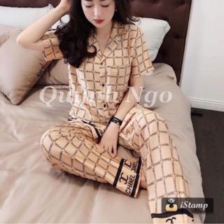 Bộ lụa kẻ mặc ở nhà quần dài