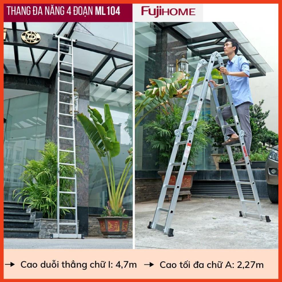 Thang nhôm gấp 4 đoạn FUJIHOME 4,7 mét siêu đa năng, thang chữ M xếp gọn 4 khúc gia đình aluminum ladder Nhập Khẩu