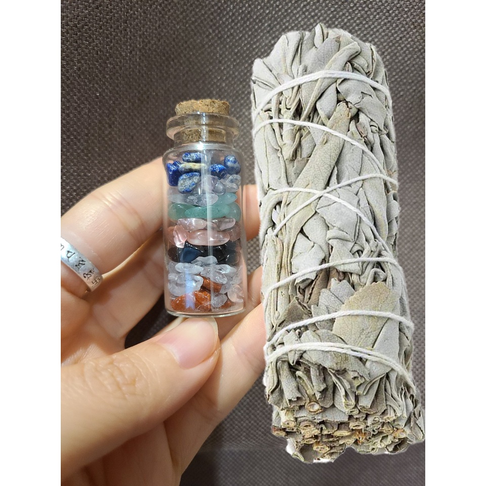 Bó xô thơm trắng 10cm và 1 Lọ đá phong thủy 7 màu 3.5cm (Thanh tẩy và thu hút năng lượng tích cực) Lưu ý loại xô