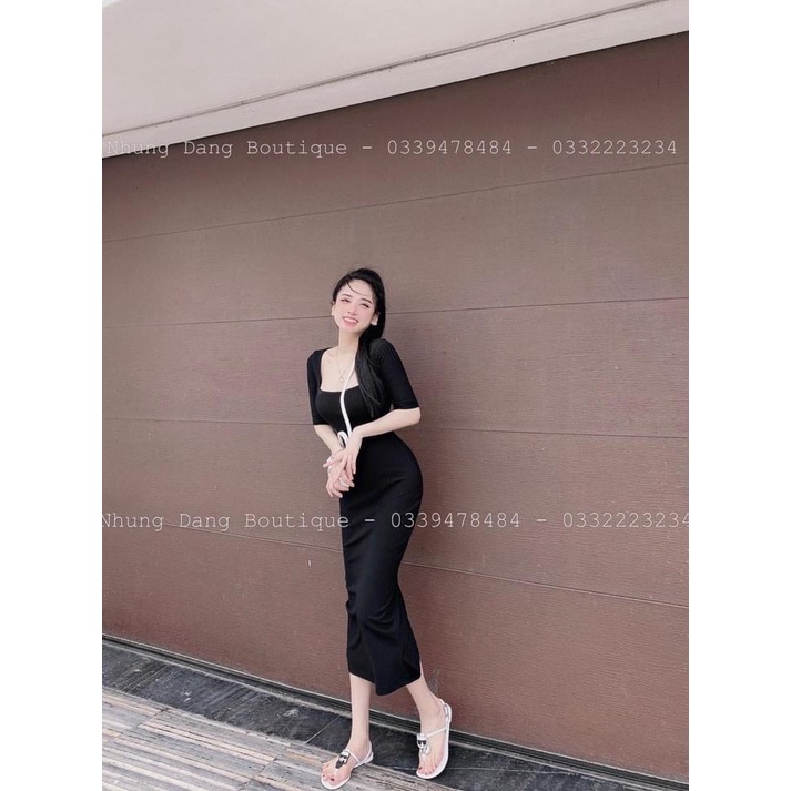 Đầm Body Phom Dài Cổ Vuông Chất Thun Gân Thích Hợp Mặc Đi Tiệc Đi Làm Đi Chơi