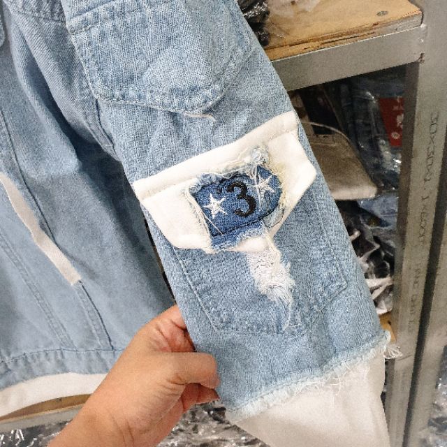 Áo Khoác Jeans Unisex Phối Nón Nỉ thêu 3 size