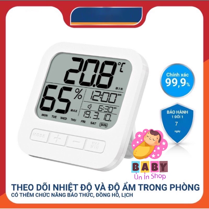 NHIỆT ẨM KẾ ĐIỆN TỬ ĐO NHIỆT ĐỘ VÀ ĐỘ ẨM PHÒNG NGỦ CHO BÉ KÈM ĐỒNG HỒ CÓ CHỨC NĂNG HẸN GIỜ CHO BỐ MẸ,6 TÍNH NĂNG TRONG 1