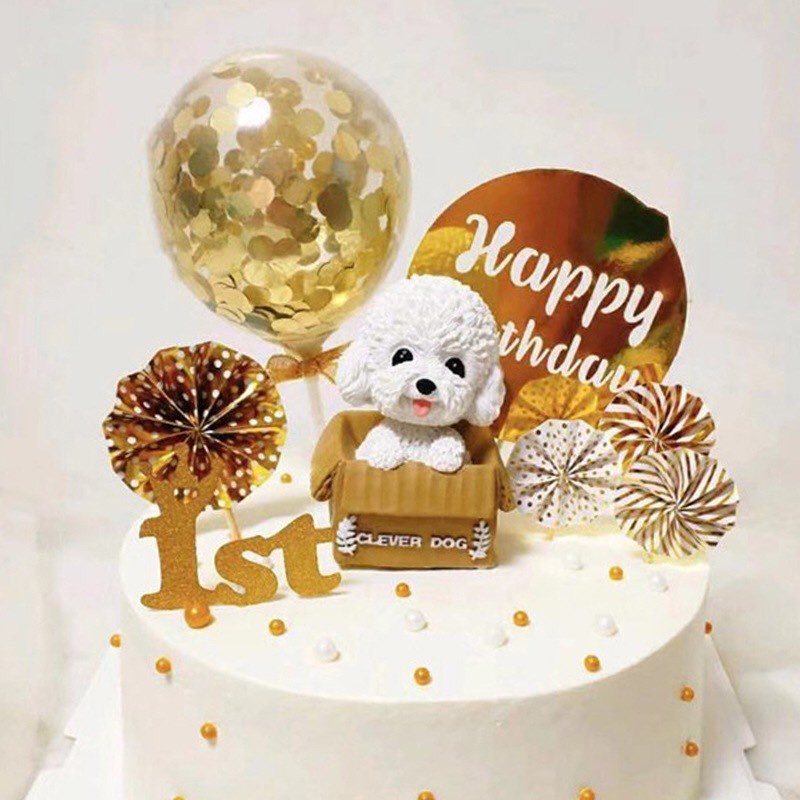 Phụ kiện trang trí bánh kem sinh nhật hình chú chó Teddy màu trắng dễ thương