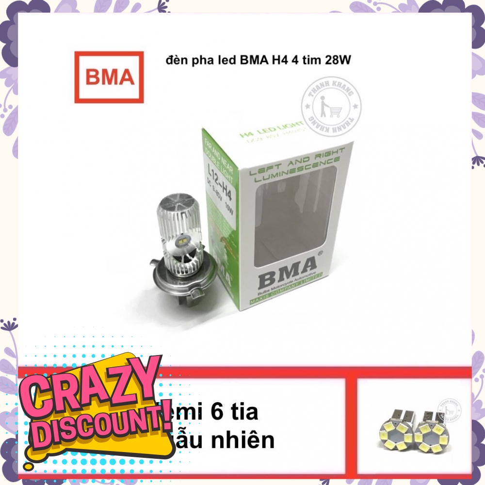 Đèn pha led BMA H4 4 tim 28 W, tặng demi 6 tia màu ngẫu nhiên thanh khang 001000096 003000109