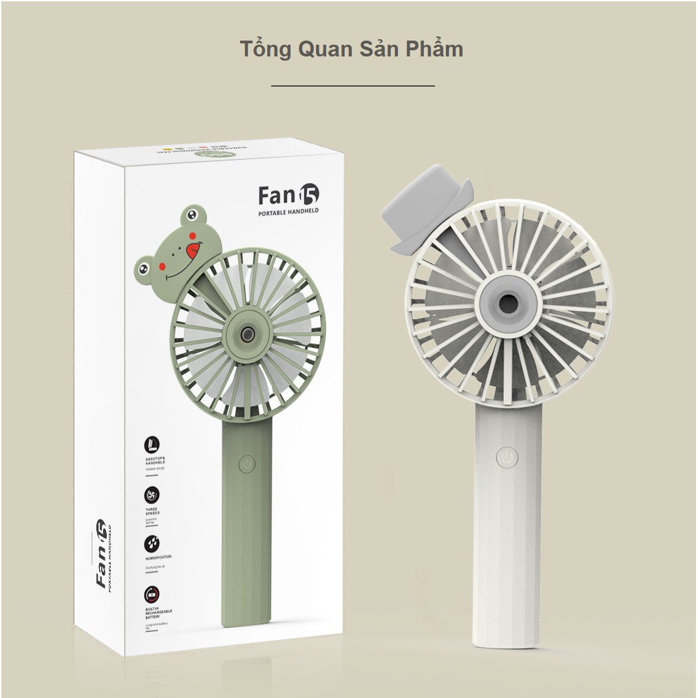 Quạt Mini Cầm Tay Phun Sương W15 Có Pin Tích Điện 3 Cấp Độ Gió