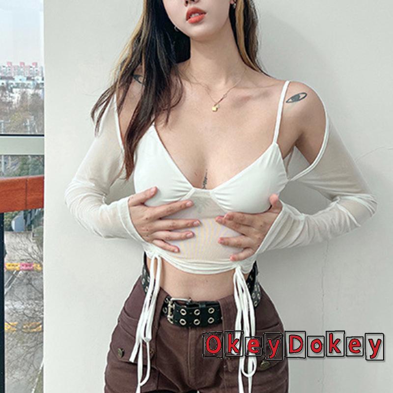 Áo Croptop Tay Dài Phối Lưới Dây Rút Thời Trang Quyến Rũ Cho Nữ