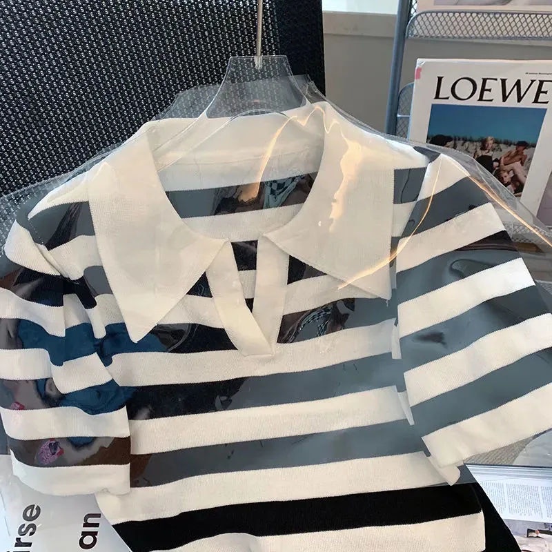 Jiashucheng Áo Thun polo Ngắn Tay Vải Lụa Lạnh Kẻ Sọc Đen Thời Trang Mùa Hè 2023 Cho Nữ