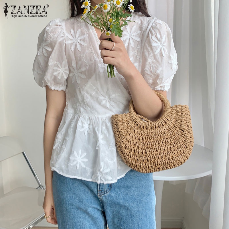 Áo ZANZEA tay phồng thêu hoa thắt dây phong cách Hàn Quốc ngọt ngào cho nữ
