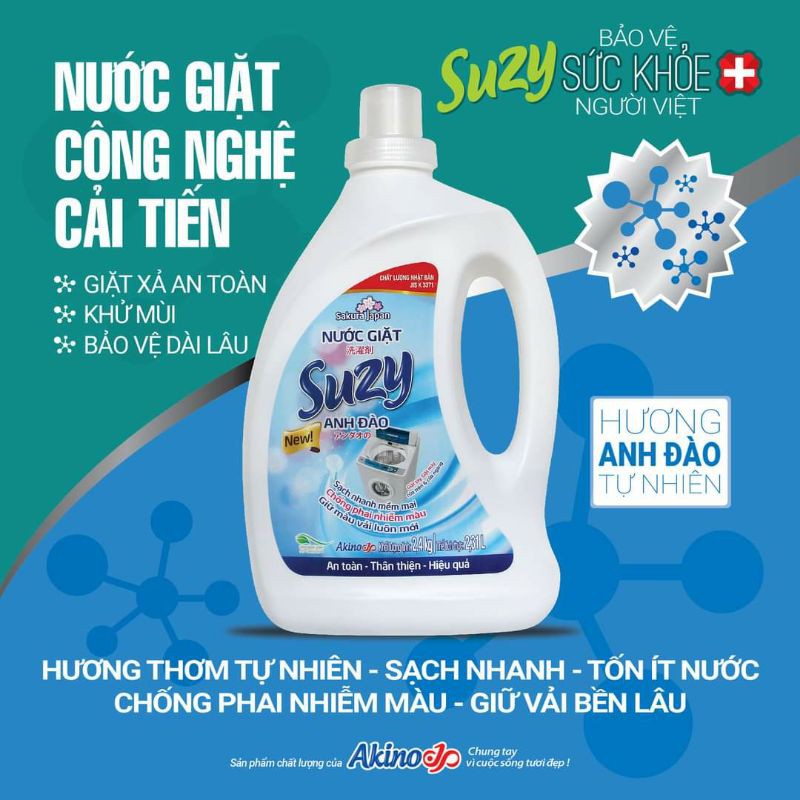 Nước giặt CAO CẤP SUZY ANH ĐÀO 2,4kg - thành phần HỮU CƠ, chất lượng NHẬT BẢN