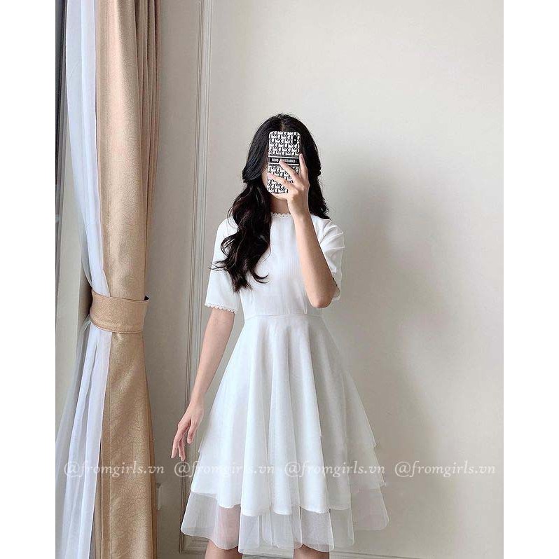 Váy trắng xòe, đầm trắng dự tiệc tay lỡ viền ren - V49
