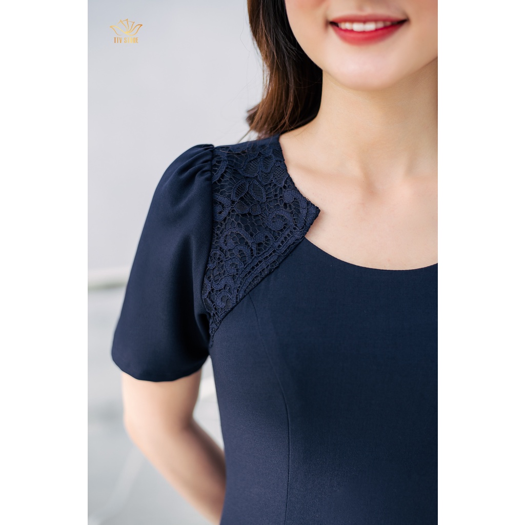 Đầm trung niên dự tiệc cao cấp dáng xòe thiết kế cổ tròn phối ren màu xanh đen - TTV814 TTV Store