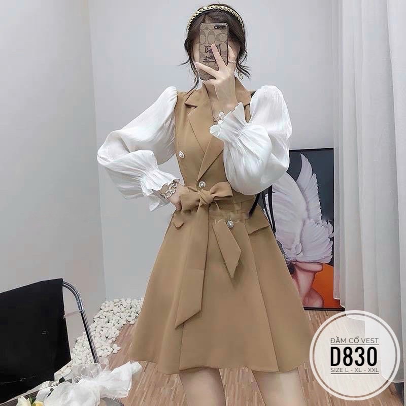 Đầm cổ vest tay trắng bigsize