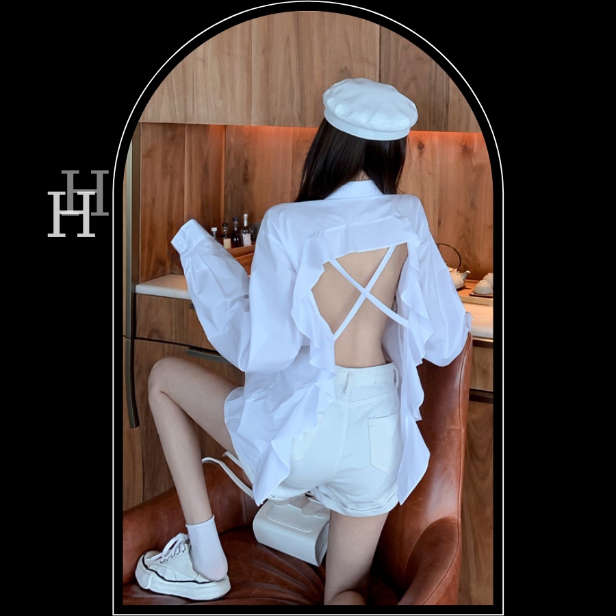 Áo sơ mi form hở lưng viền bèo dây đan chéo HAF29