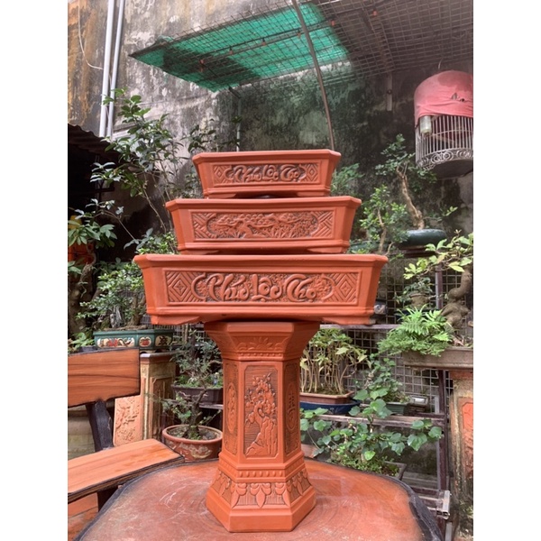 Chậu chữ nhật trồng cây bonsai và đôn kê chậu
