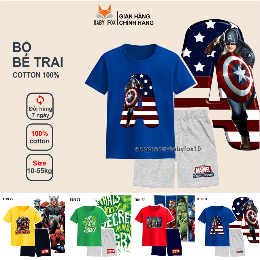 Bộ thun bé trai 100% cotton loại tốt, thương hiệu BABY FOX, hình siêu anh hùng, người sắt h