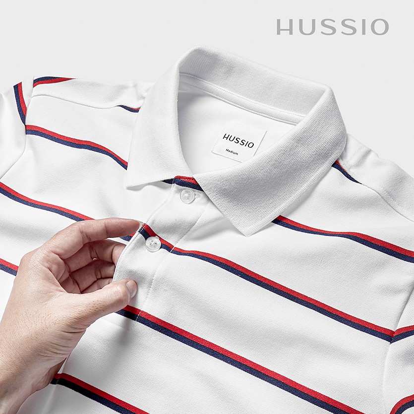 Áo thun polo nam HUSSIO phối sọc ngang phong cách | BigBuy360 - bigbuy360.vn