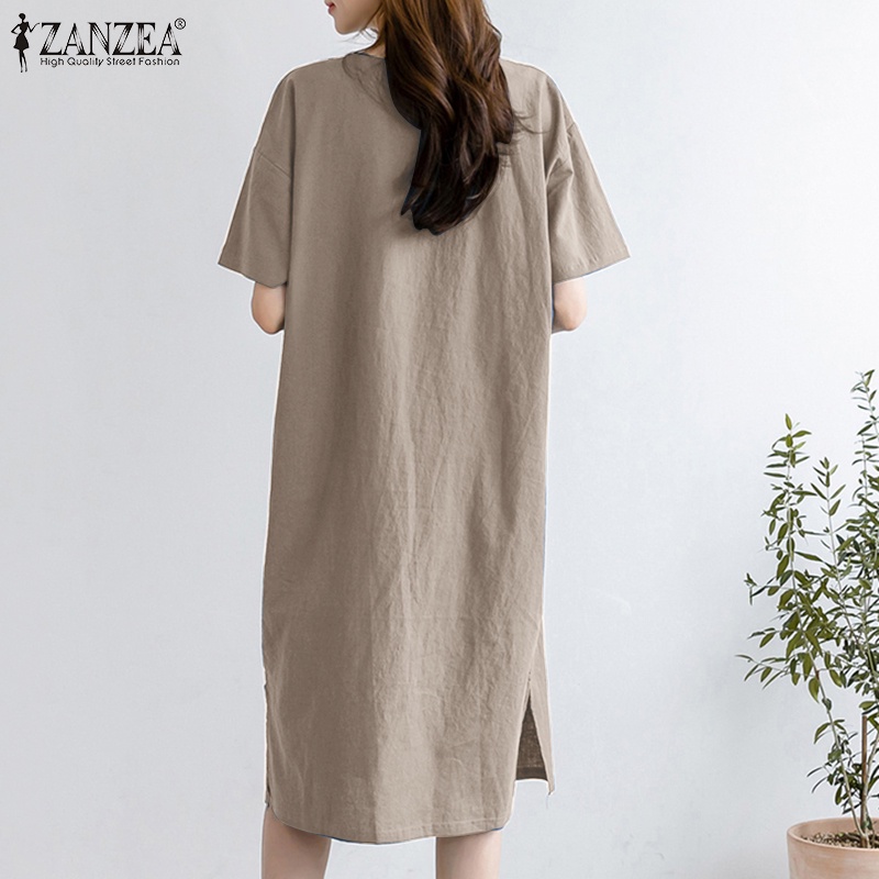 Đầm Mini Cổ V Tay Ngắn Xẻ Tà Màu Trơn Thời Trang Cho Nữ ZANZEA
