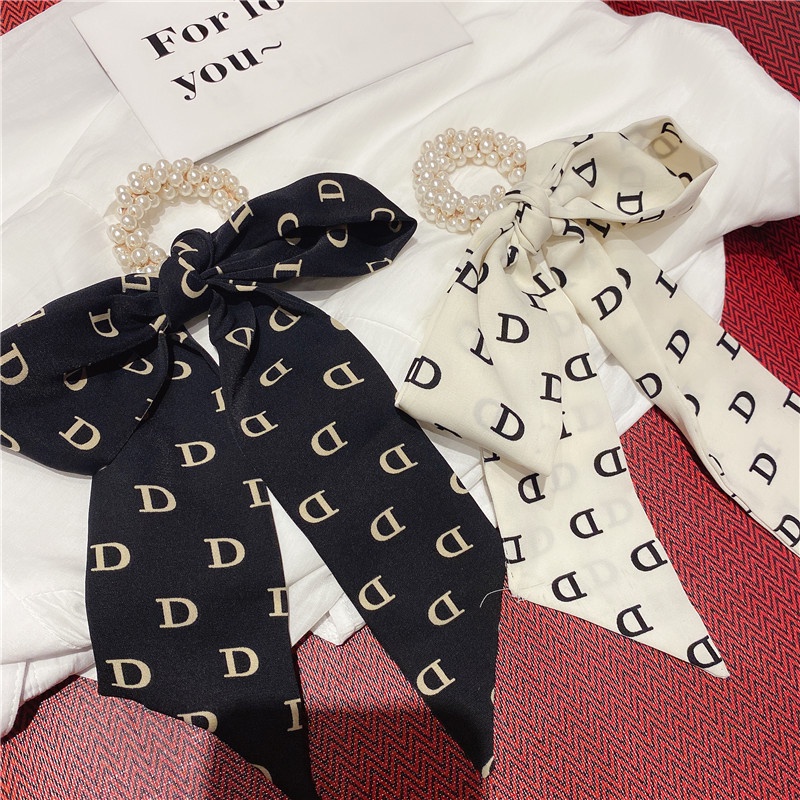 Dây buộc tóc ruy băng đính ngọc trai giả thời trang 2021 ins