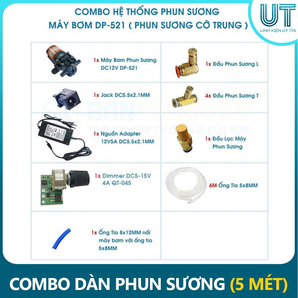 COMBO bộ dàn máy bơm phun sương sân vườn 5 MÉT 6 ĐẦU PHUN TẠO HƠI NƯỚC - 3,5 lít/Min,12V5A, 0,48Mpa