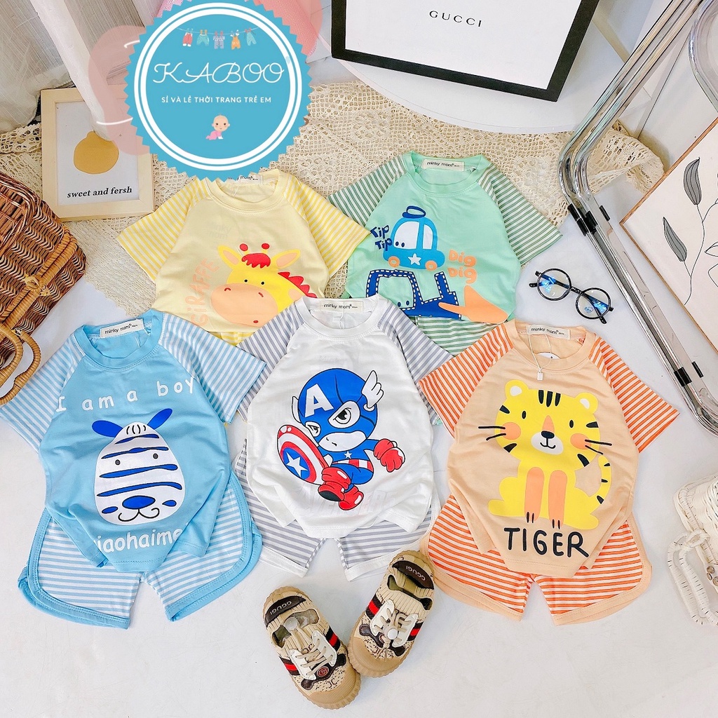 Đồ bộ cộc tay MINKY MOM thun lạnh bé trai bé gái in hình cute phối sọc dệt cho trẻ em 0 1 2 3 4 tuổi - KABOO