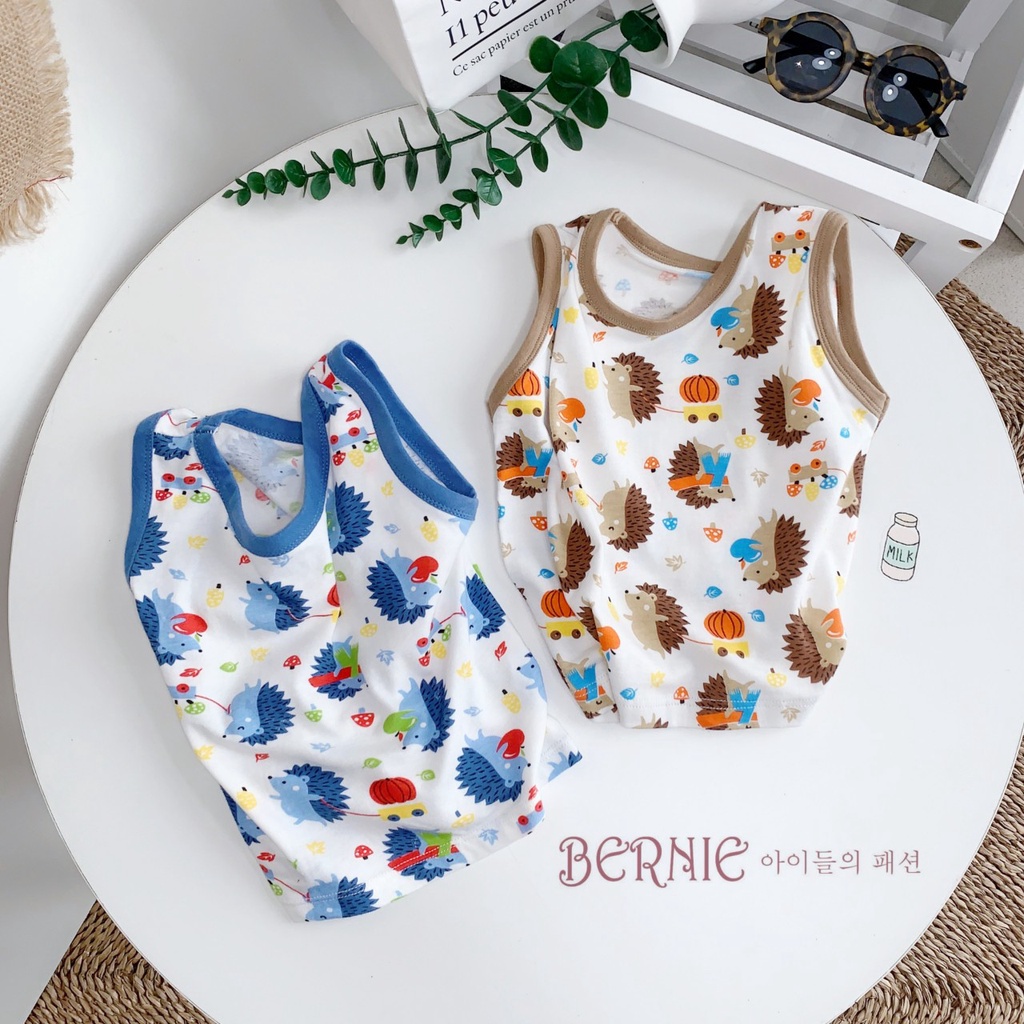 Quần áo trẻ em, áo bé trai ba lỗ, họa tiết nhím, chất liệu cotton, mát-mềm-mịn, thấm hút mồ hôi, quần thô mềm cho bé.