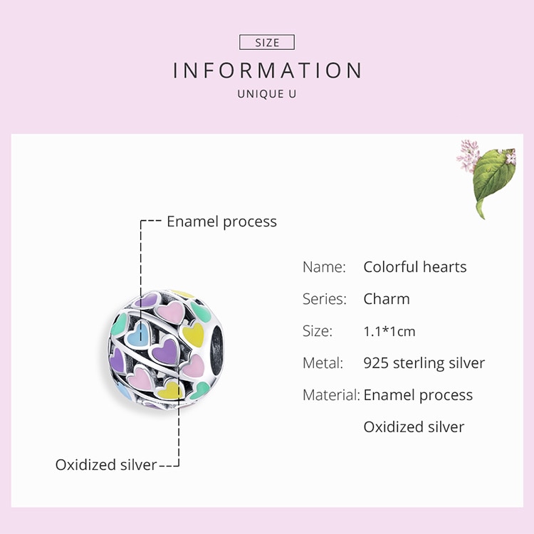 Hạt Trang Sức Bamoer SCC1758 Bằng Bạc S925 Hình Cầu Họa Tiết Nhiều Trái Tim Màu Sắc Cầu Vồng Dùng Làm Vòng Đeo Tay DIY
