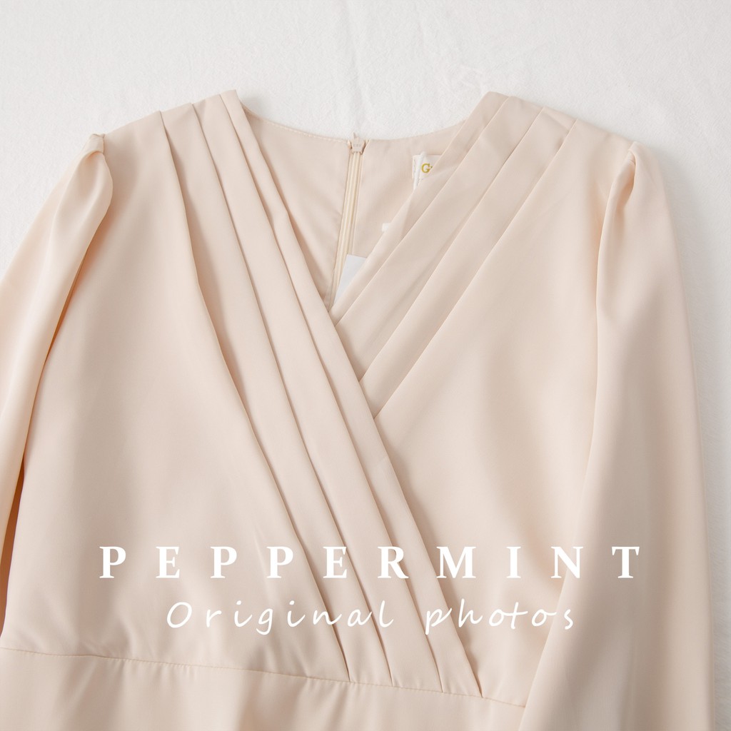 Đầm Voan Dài Tay Cổ Chữ V Xếp Ly Phối Dây Thắt Eo Thanh Lịch 42049