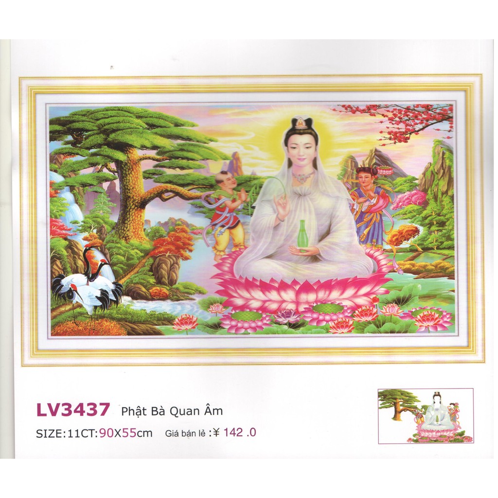 Tranh thêu chữ thập phật bà Quan Thế Âm Bồ Tát 3D LV3437 |99x55cm|- chưa thêu