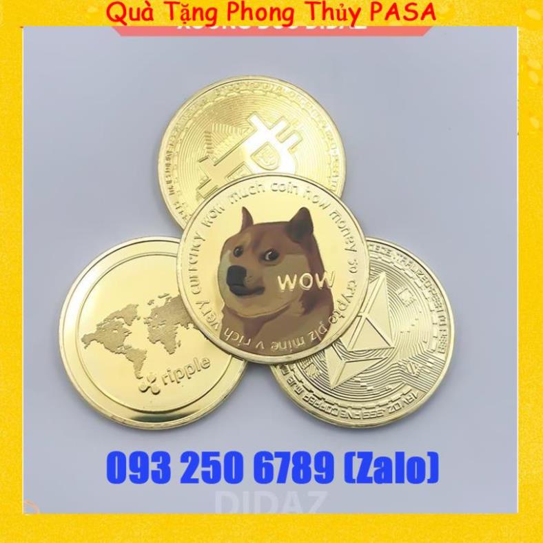 COMBO 4 Đồng Xu Bitcoin, Ethereum ETH, Dogecoin Doge, XRP Ripple mạ vàng đồ lưu niệm, sưu tầm
