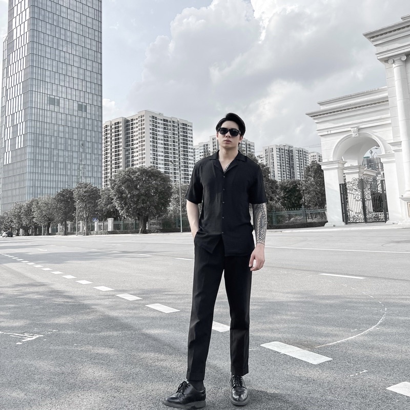 Áo sơ mi nam ngắn tay DEWE, vải đũi trơn thoáng mát, Màu Đen - DEWE Cuban Basic Shirt