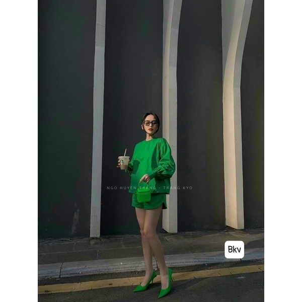 Set Bộ Sơ Mi Đũi Mềm Tay Phồng Kèm Quần Short Đùi Lưng Thun