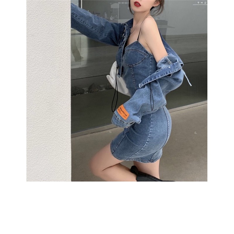 Set váy jeans kết hợp áo khoác jeans ulzzang croptop fashionita 2021