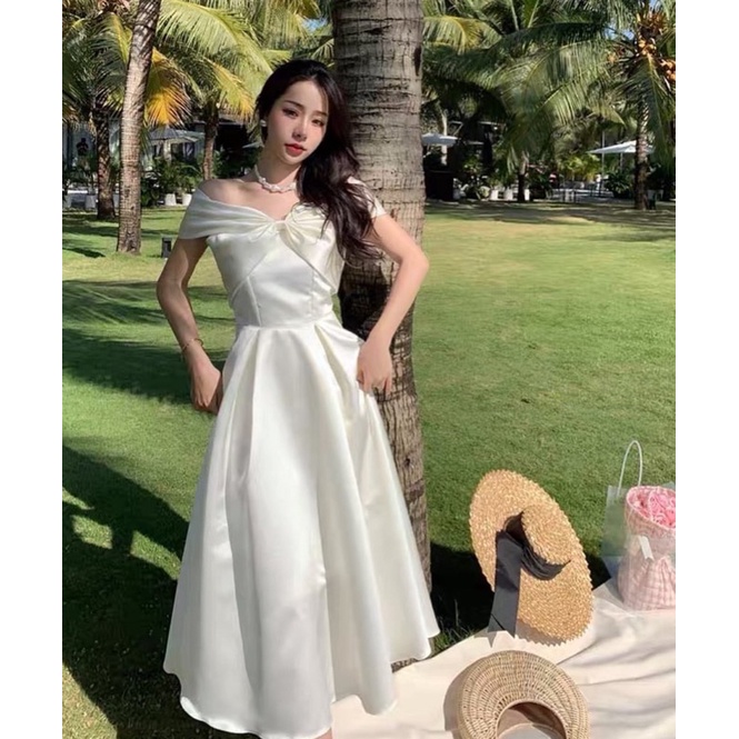 Đầm nữ đầm dự tiệc cổ chữ v bẹt vai nơ ngực chất dày dặn lên dáng chuẩn form mẫu kèm ảnh sàn