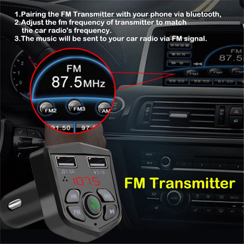 Củ sạc trên ô tô Bluetooth 5.0 tích hợp FM Transmitter 2 cổng USB loa bluetooth