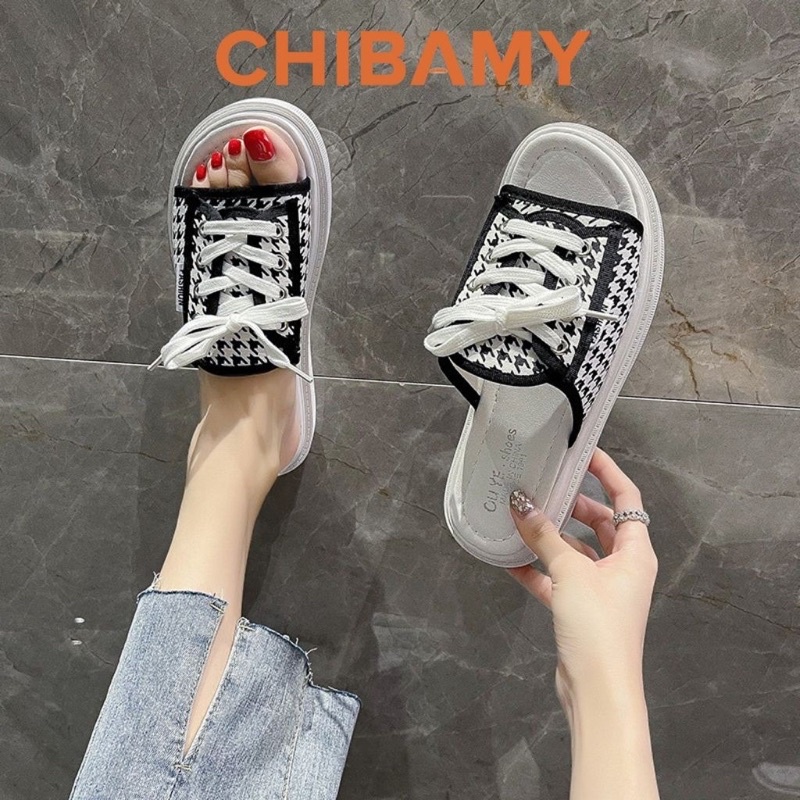 Dép quai ngang nữ dáng thể thao buộc dây CHIBAMY, Dép thời trang nữ chất vải nhiều họa tiết đế bánh 