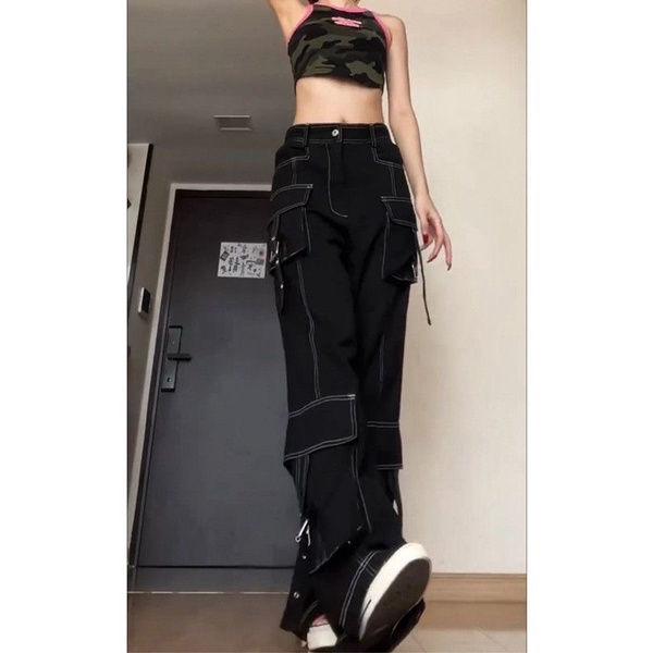 Quần Jean Baggy Ống Rộng Phối Túi Thời Trang Đường Phố Hàn Quốc Cho Nữ