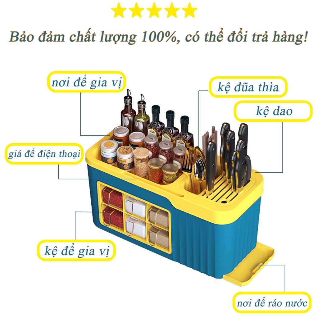 Kệ đựng gia vị nhà bếp 6 cốc để dao thớt nhựa Việt Nhật, Hộp đựng dụng cụ nhà bếp đa năng （XQY84）