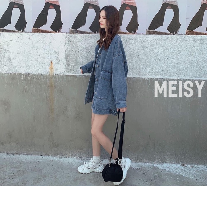 Áo khoác jean nữ form rộng dày dặn kiểu dáng UNISEX màu xanh nhạt Meisy