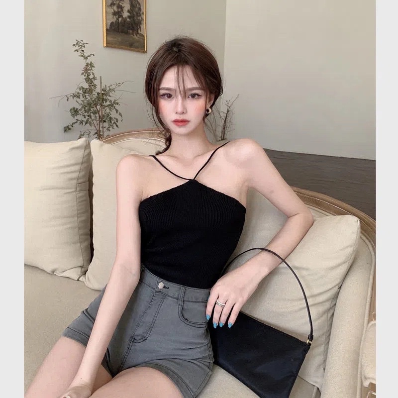 Áo yếm hở lưng 2 dây đan chéo sexy chất gân tăm co giãn