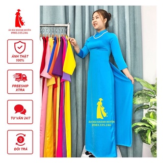 Áo dài lụa lụa tây thi trơn màu xanh biển-2 tà, cổ 2cm