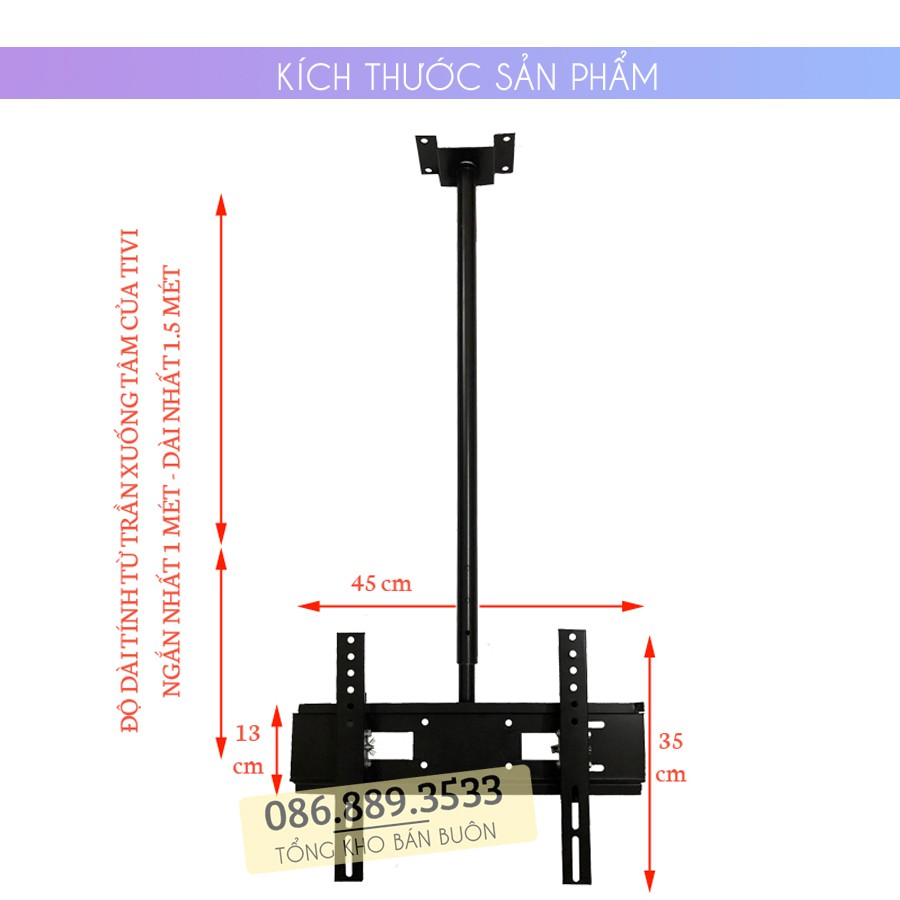 Giá treo tivi thả trần TR32 32 - 43 inch - Giá Treo Tivi Ngược Trần Thép Sơn Tĩnh Điện - Độ dài 1.5 mét