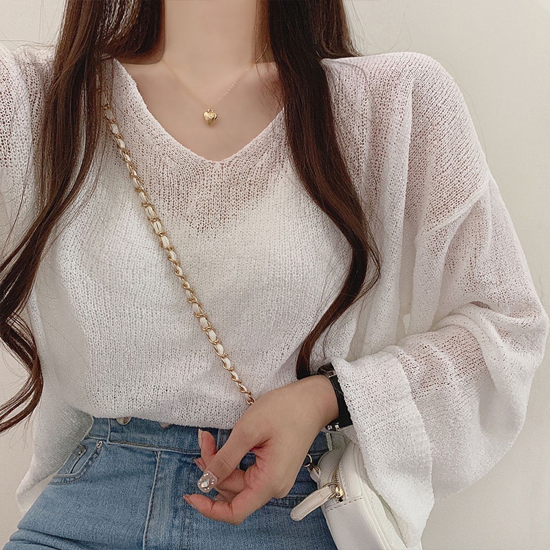 Áo dệt kim YEYA chống nắng tay loe cổ chữ V thắt nơ sau lưng thời trang cho nữ