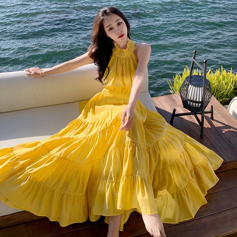 Váy đi biển xòe Đầm nữ đẹp maxi 2 dây dài rộng bigsize bikini kiểu Hàn Quốc vintage cổ vuông babydoll hở lưng 1212 DK1T3