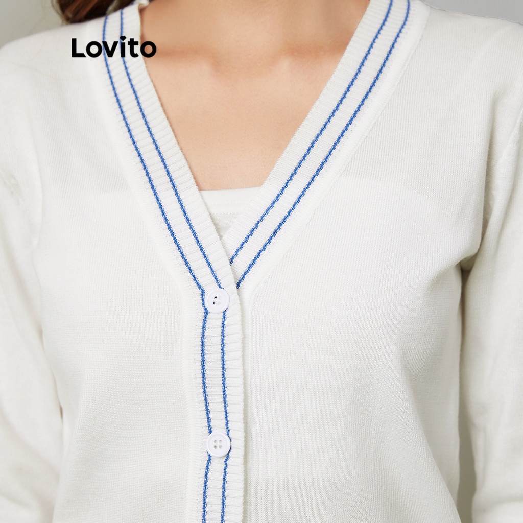 Áo cardigan Lovito mềm mại tay dài cổ chữ V màu trơn thường ngày L27ED041 (màu trắng)