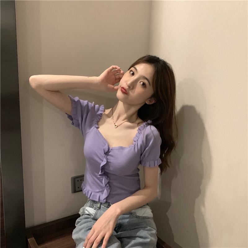 Áo thun SUXI tay ngắn cổ chữ V màu trơn phong cách Hàn Quốc