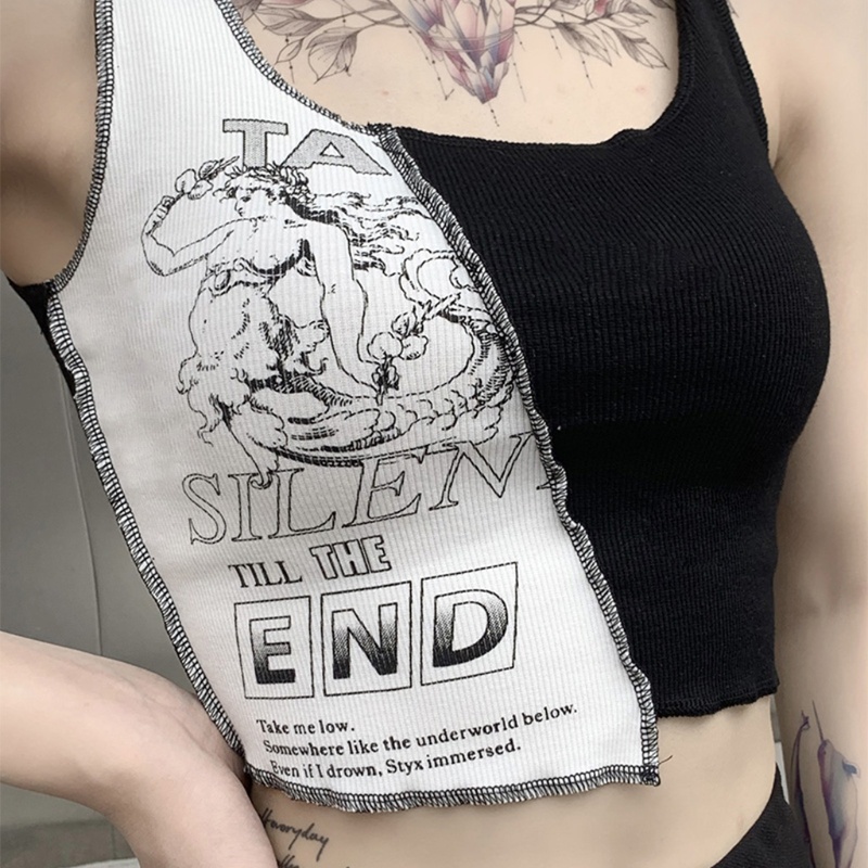 Xiangbao Áo Crop Top Cổ Chữ U Phối Màu Khối Mỏng Phong Cách Punk Goth Quyến Rũ Dành Cho Nữ