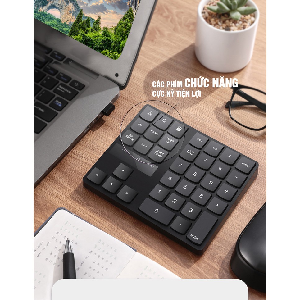 Bàn phím số không dây Wireless 2.4G, cho Laptop 35 phím, thêm các phím chức năng, Pin sạc, phím êm Minh House